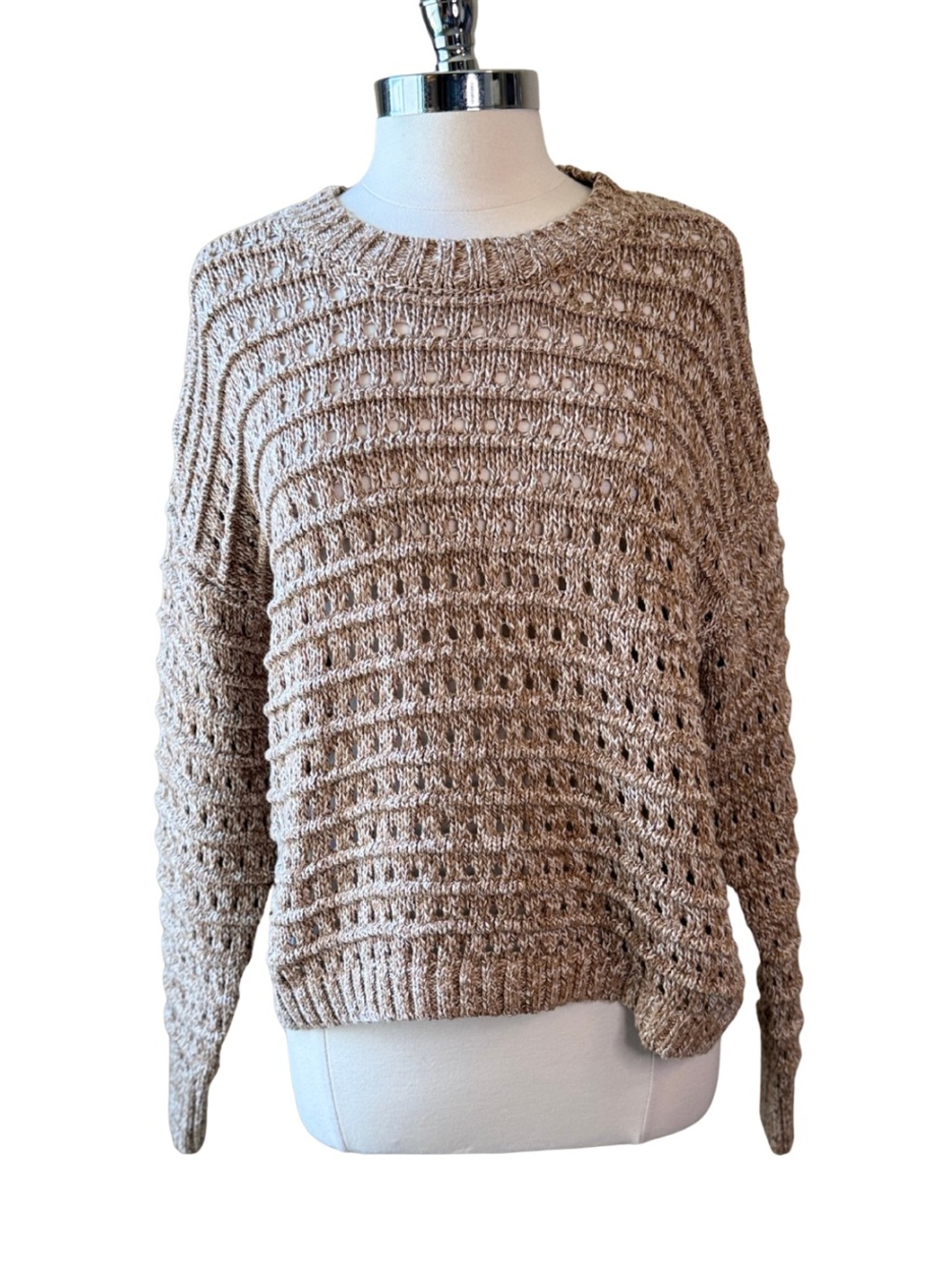 LOU & GREY Beige Open-Knit Sweater Size Large Crewneck